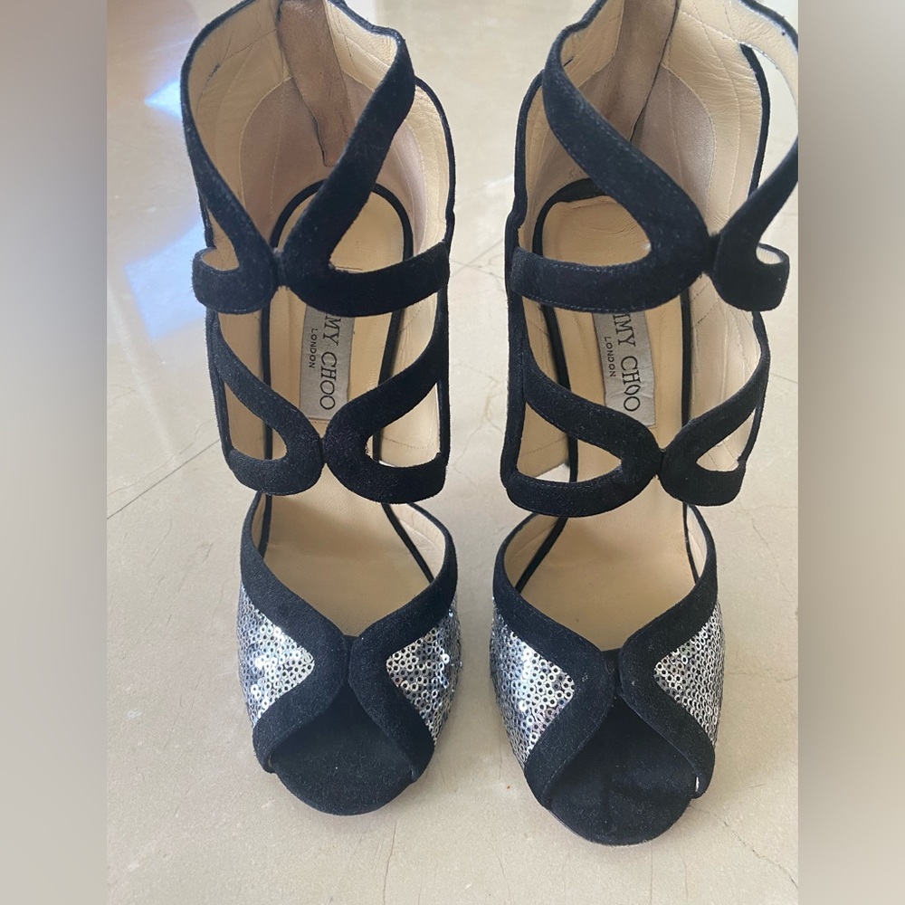 Jimmy Choi Silver/Black Suede and Sequins Tempest Sandal Size 37